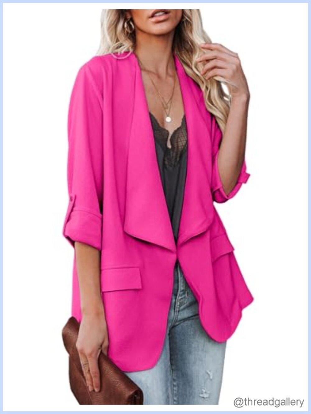 Womens Casual Blazer Roll Up Sleeve Open Front Office Jacket with Pockets